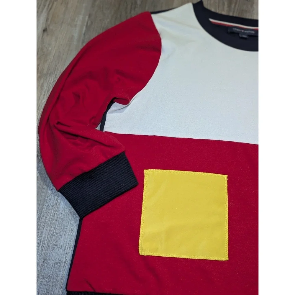 Tommy Hilfiger Mens Colorblock Crewneck Sweatshirt Red Yellow Navy - Picture 3 of 7